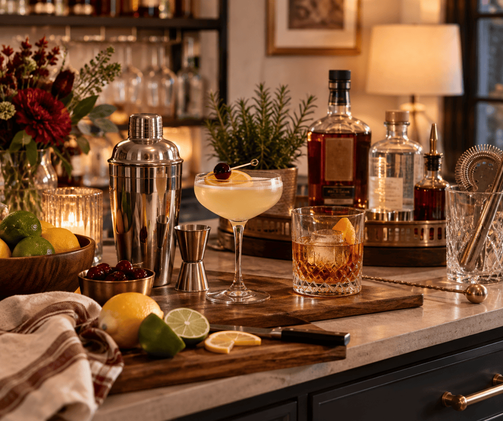 Stylish home bar with cocktail shaker, glassware, bar tools and cocktails