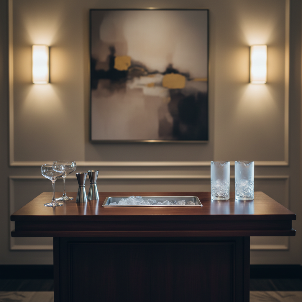 A compact, elegantly branded mobile bar cart configured for an indoor gala, featuring a smooth dark-wood surface, integrated ice well, and a minimalist arrangement of stemmed coupe glasses, metal jiggers, and frosted mixing glasses. Behind the cart, a neutral-toned wall is softly illuminated by wall sconces, with a blurred abstract painting hinting at a refined venue space. Cool, diffused overhead lighting is balanced by warm accent lights reflecting subtly off the glassware, creating depth and gentle highlights. Photographed at eye level with a medium depth of field, the composition centers the cart with symmetrical balance, projecting a sophisticated, understated luxury aesthetic. The photographic realism underscores high-end mobile bartending services for black-tie receptions and charity events, with no nightclub elements.