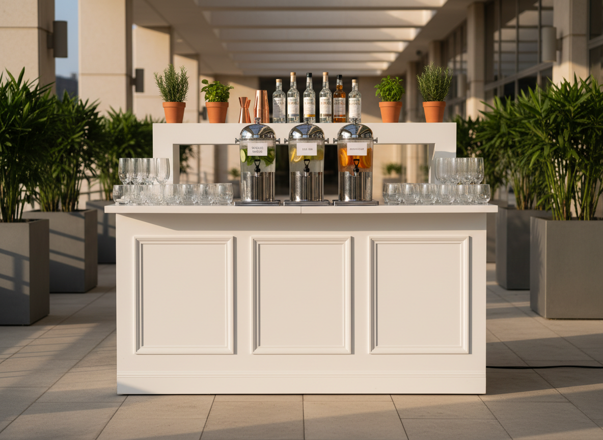 A refined mobile bartending setup designed for a corporate event, featuring a sleek white bar with subtle panel detailing, a neatly arranged lineup of glassware, and matching stainless-steel beverage dispensers filled with infused water, iced tea, and citrus punch. Behind the bar, a tidy backbar unit displays unbranded bottles, copper bar tools, and small potted herbs for garnishes. The environment is an airy conference terrace with neutral stone flooring and minimalist planters, suggesting a professional setting without signage. Late afternoon natural light filters in, softened by high overhangs, casting clean, crisp shadows. Photographed straight-on with sharp focus throughout, the mood is professional, organized, and welcoming, highlighting beverage planning and staffing services while avoiding any nightclub feel.