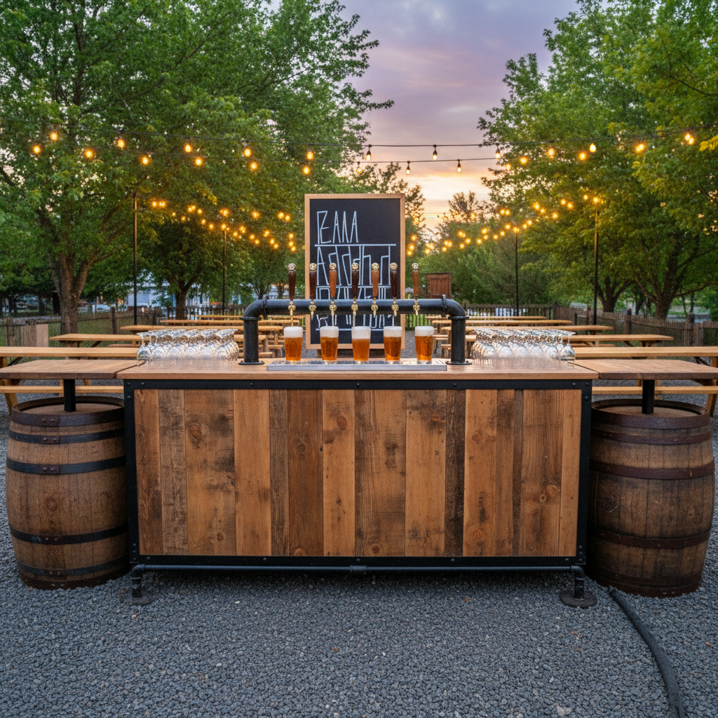 A spacious beer garden service area showcasing a sturdy mobile bar made from reclaimed wood and black metal, positioned on crushed gravel with large wooden barrels repurposed as side tables. On the bar, polished tap handles pour into clear, condensation-coated pint glasses, alongside rows of empty glassware and a minimalist chalkboard-style tap list with no readable text. Surrounding the bar are blurred picnic tables, string lights, and leafy trees, hinting at a lively festival without showing people. Early evening natural light mixed with warm string-light glow creates a cozy, convivial atmosphere. Shot from a slightly low angle to emphasize the bar, with moderate depth of field, the photographic style feels rustic yet refined, perfect for outdoor festivals and community events in Central Washington.