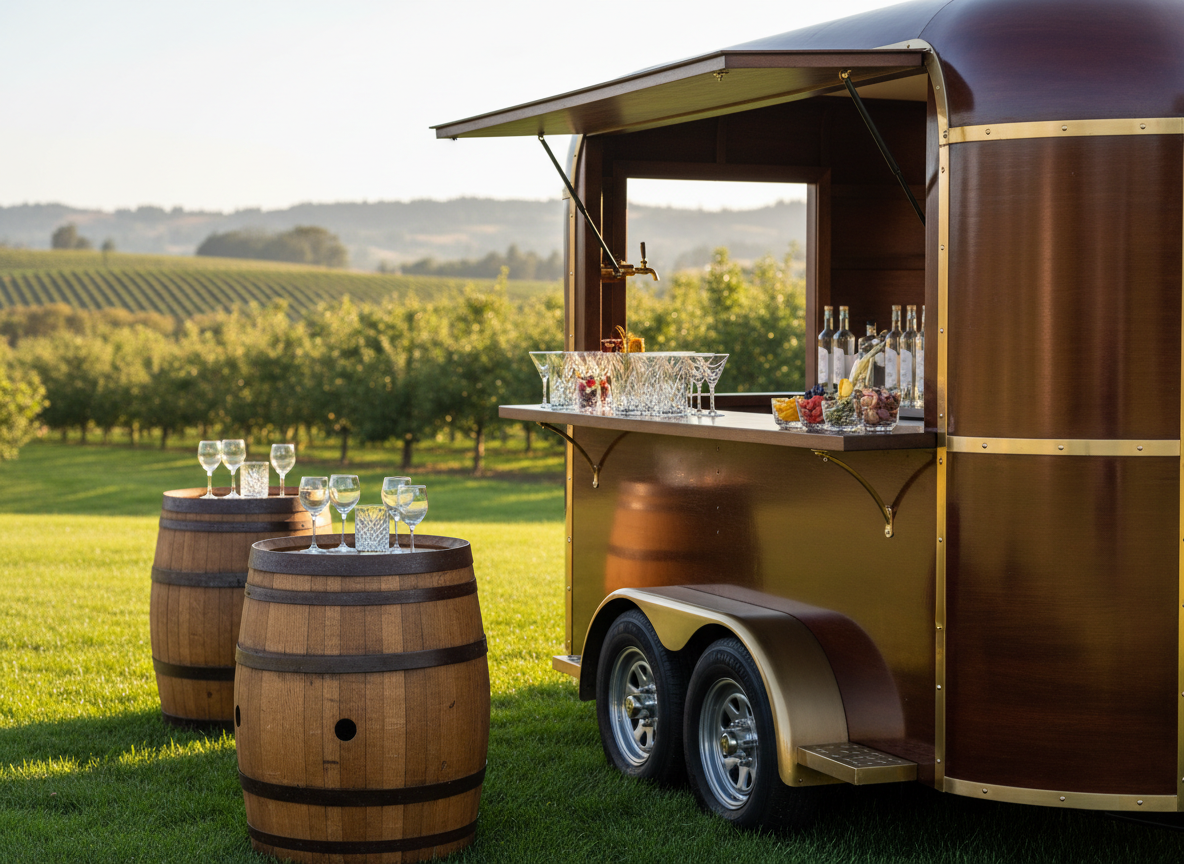 A polished mobile bar trailer with rich dark wood panels and brushed brass fixtures, parked on a manicured lawn beside curated barrel tables and elegant glassware. The counter showcases neatly arranged crystal cocktail glasses, garnishes in cut-glass bowls, and premium spirit bottles with tasteful, label-free designs. In the distance, soft-focus rolling hills and orchards evoke the Yakima Valley landscape. Warm golden hour sunlight washes over the scene, creating gentle reflections on the glass and subtle shadows on the grass. Photographed at eye level with a shallow depth of field, the mood is sophisticated, welcoming, and upscale, capturing photographic realism with a clean, modern aesthetic suitable for weddings and private events.