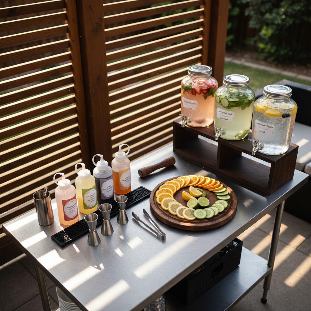 A meticulously organized bar prep station for a private party, set up on a portable stainless-steel worktable beneath a backyard pergola. The table holds neatly aligned squeeze bottles of house-made syrups, stainless jiggers, a wooden muddler, garnishing tongs, and a polished cutting board with precisely sliced citrus and cucumber ribbons. Nearby, three large glass beverage dispensers sit on a wooden riser, filled with colorful but subtle batched cocktails and infused waters. Late afternoon natural light filters through slatted wood above, creating soft, patterned shadows on the table surface. Captured from a top-down, slightly angled perspective in crisp photographic realism, the scene feels calm, precise, and professional, highlighting behind-the-scenes bartending craft and careful beverage planning for upscale home events.