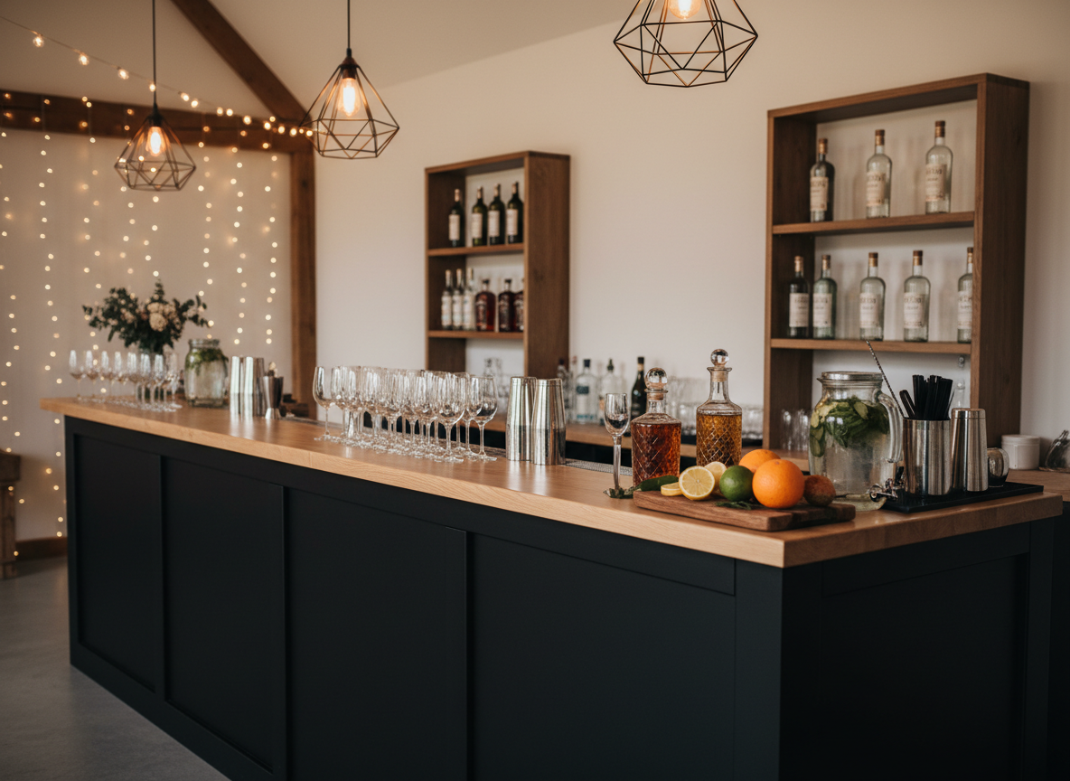 A long, portable bar with a smooth matte-black front and natural wood top, meticulously set up inside a modern barn-style wedding venue. The bar surface displays an organized row of sparkling stemmed wine glasses, stainless steel shakers, elegant decanters, and fresh citrus arranged on a small wooden board. Behind the bar, neat shelves hold unbranded bottles, carafes of infused water, and curated bar tools. Soft, warm pendant lighting from above and twinkle lights in the blurred background cast a cozy glow and delicate highlights on metal and glass. Captured from a slightly elevated angle in photographic realism, the composition uses the rule of thirds to emphasize the bar as the focal point, conveying a polished, romantic, and inviting atmosphere.