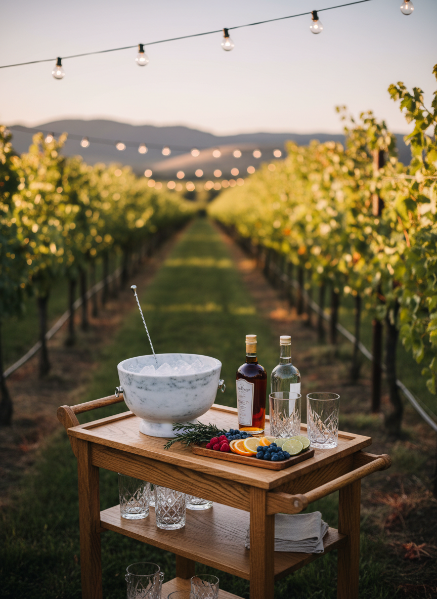 An intimate outdoor cocktail station set up in a vineyard row, with a compact wooden bar cart holding a marble ice bucket, cut-crystal mixing glass, unbranded amber and clear bottles, and a narrow tray of fresh herbs, berries, and citrus wheels. Surrounding the cart are blurred lines of grapevines and distant rolling Yakima Valley hills under a soft evening sky. The scene is lit by warm, low sun and a string of small bistro lights overhead, creating a gentle golden glow and subtle bokeh in the background. Captured at a three-quarter angle with a shallow depth of field, the photographic realism emphasizes texture and detail, conveying a romantic, artisanal, and regional atmosphere ideal for wine country weddings and special events.