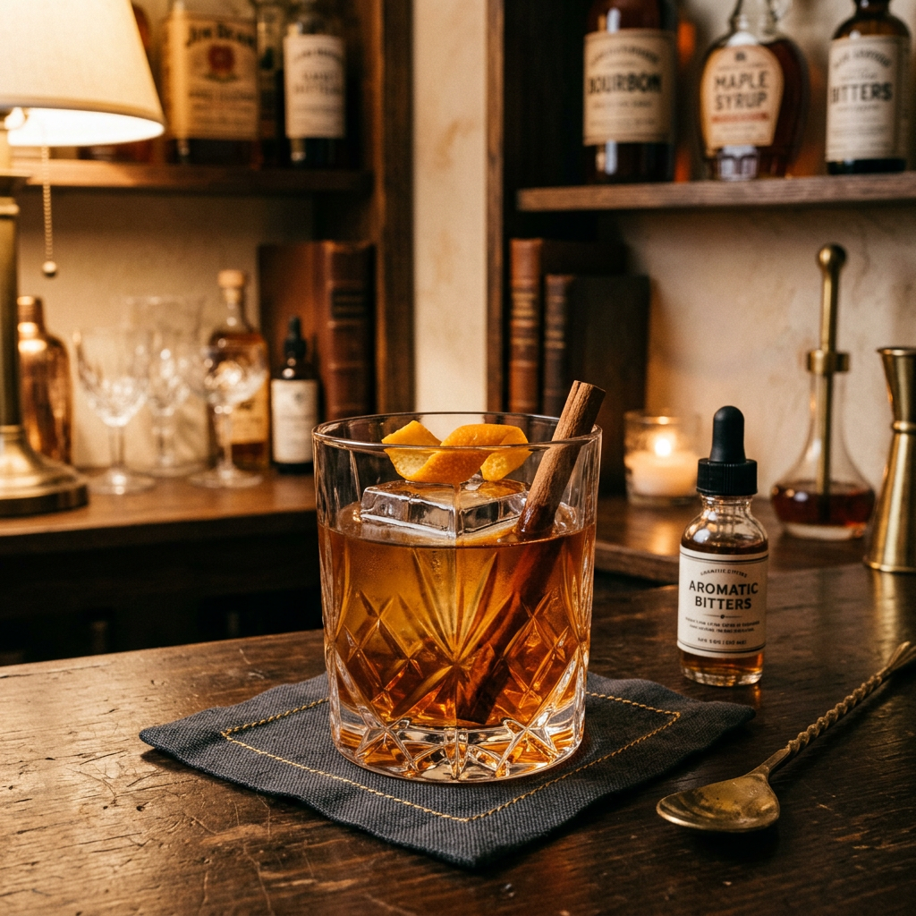 Whiskey cocktail with ice, orange peel, and cinnamon stick on a bar